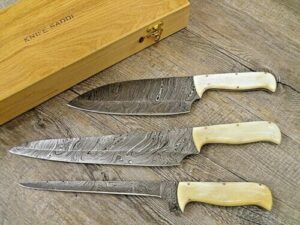 Coltello artigianale da Cuoco set di 3 pezzi manico osso di tibia lama damasco
