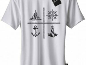 Camiseta urbana - Elementos marinos ancla barco timón y faro con letras de Cerdeña
