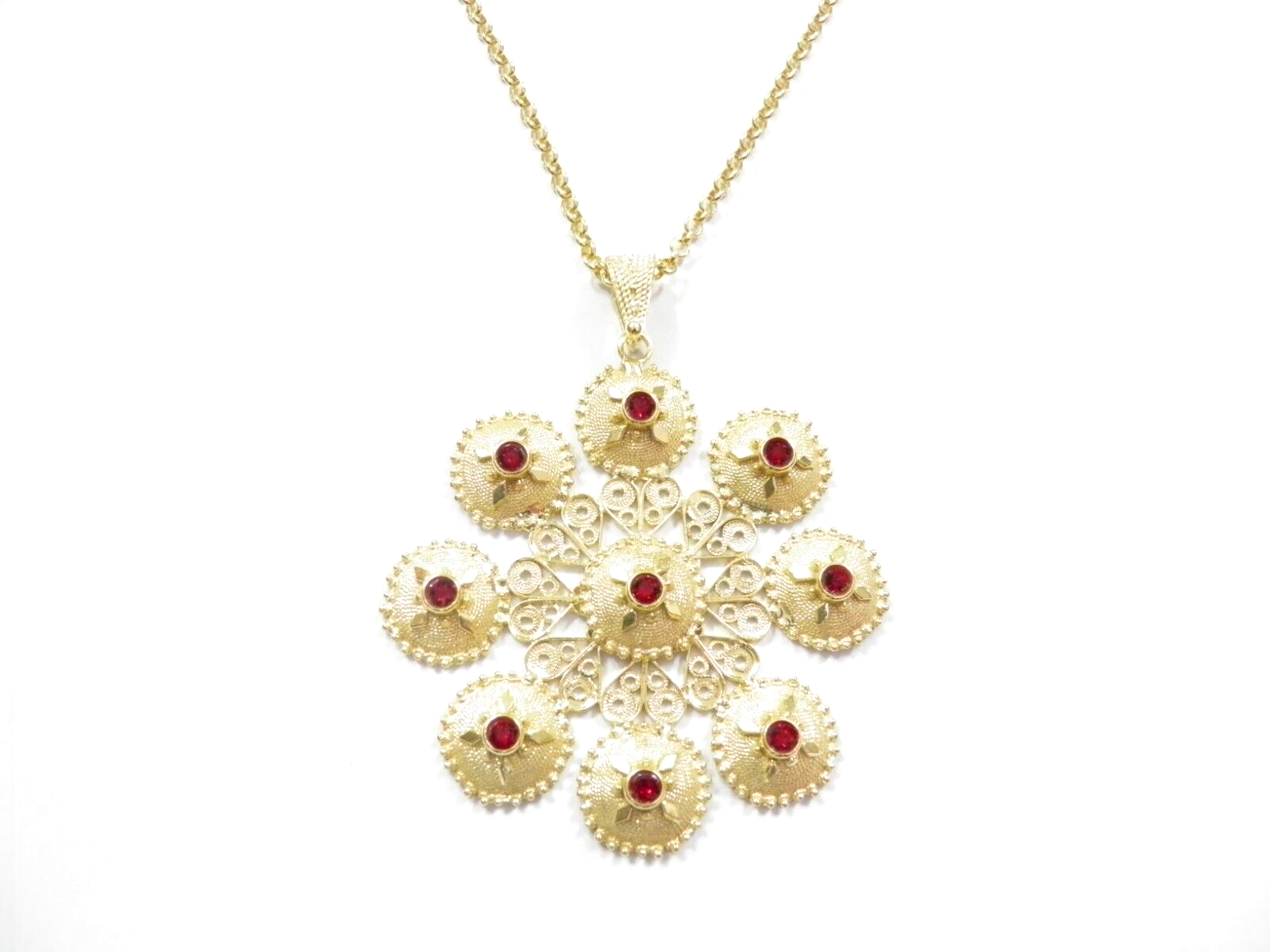 GIROCOLLO collana BOTTONI pietra GRANATA FILIGRANA ARGENTO DORATO GIGANTE