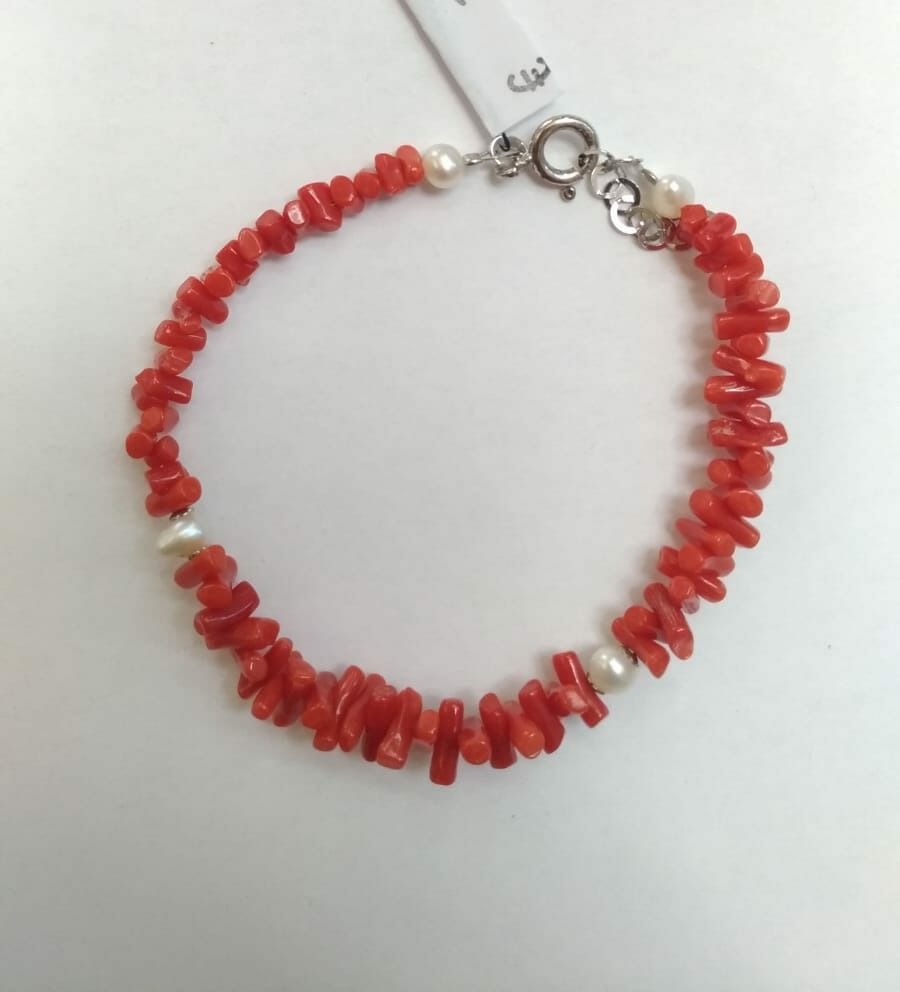 Bracciale Con Perle In Corallo A Rametti Argento 925%°° - Lady M Sardegna Bracciale Con Perle In Corallo A Rametti Argento 925%°°