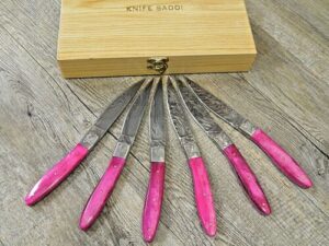 Set 6 Coltelli Pattada Da Tavola manico in tibia colorata lama damasco con custodia in legno