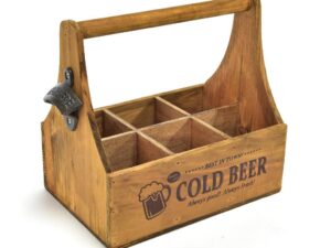 Cestello in legno portabottiglie o bicchieri di birra con apribotiglie integrato