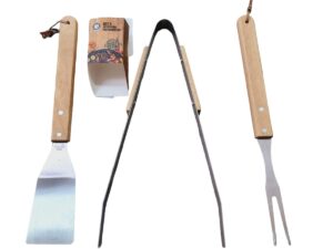 Set 3 Accessori per barbecue pinza paletta e forchettone legno acciaio