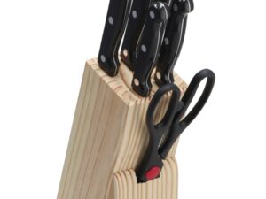 set 5 coltelli e forbice da cucina in acciaio con manici in polipropilene e ceppo in legno